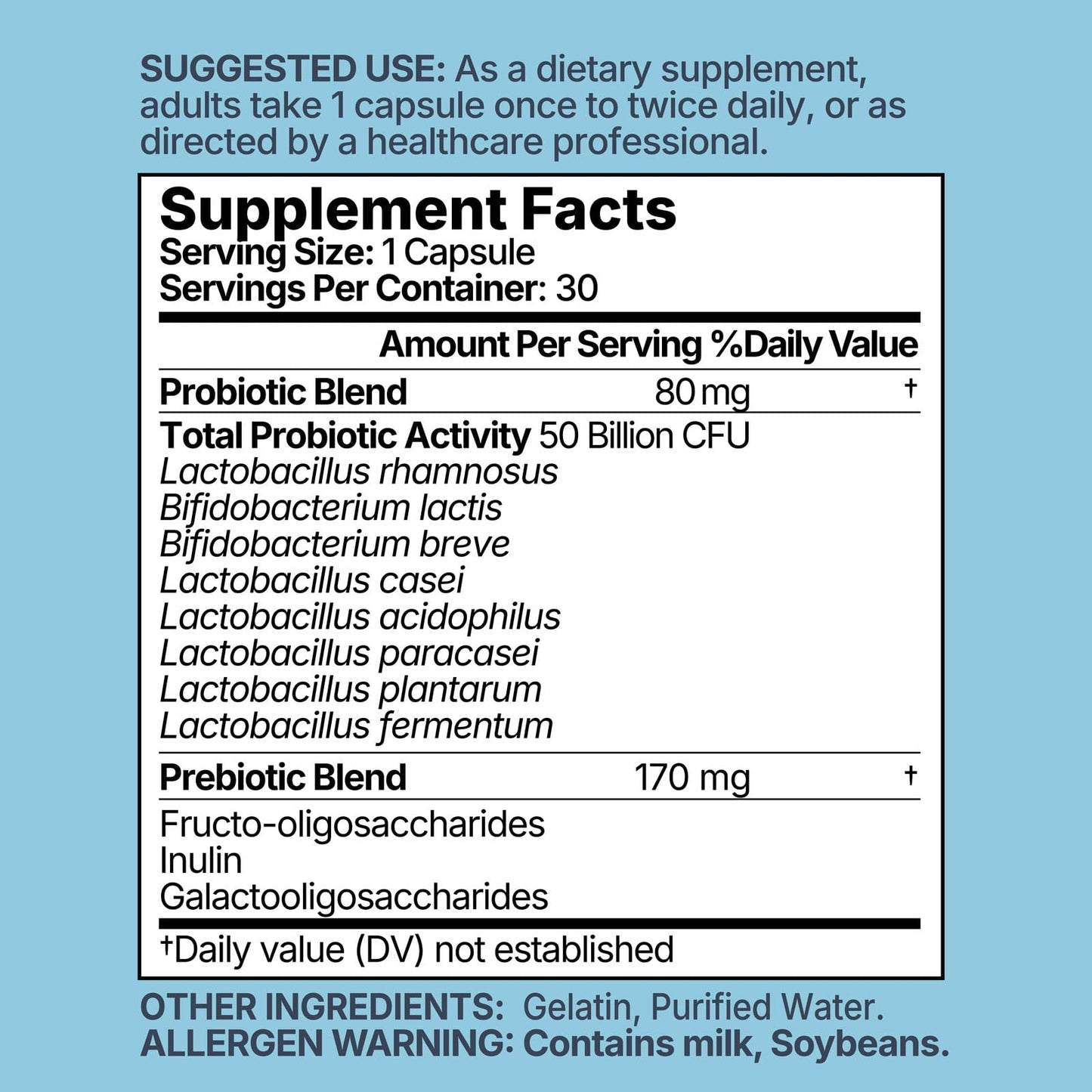 Probiotics 50 Billion CFU - 8 Unique Strains + 3 Prebiotics - Immune, Digestive & Gut Health