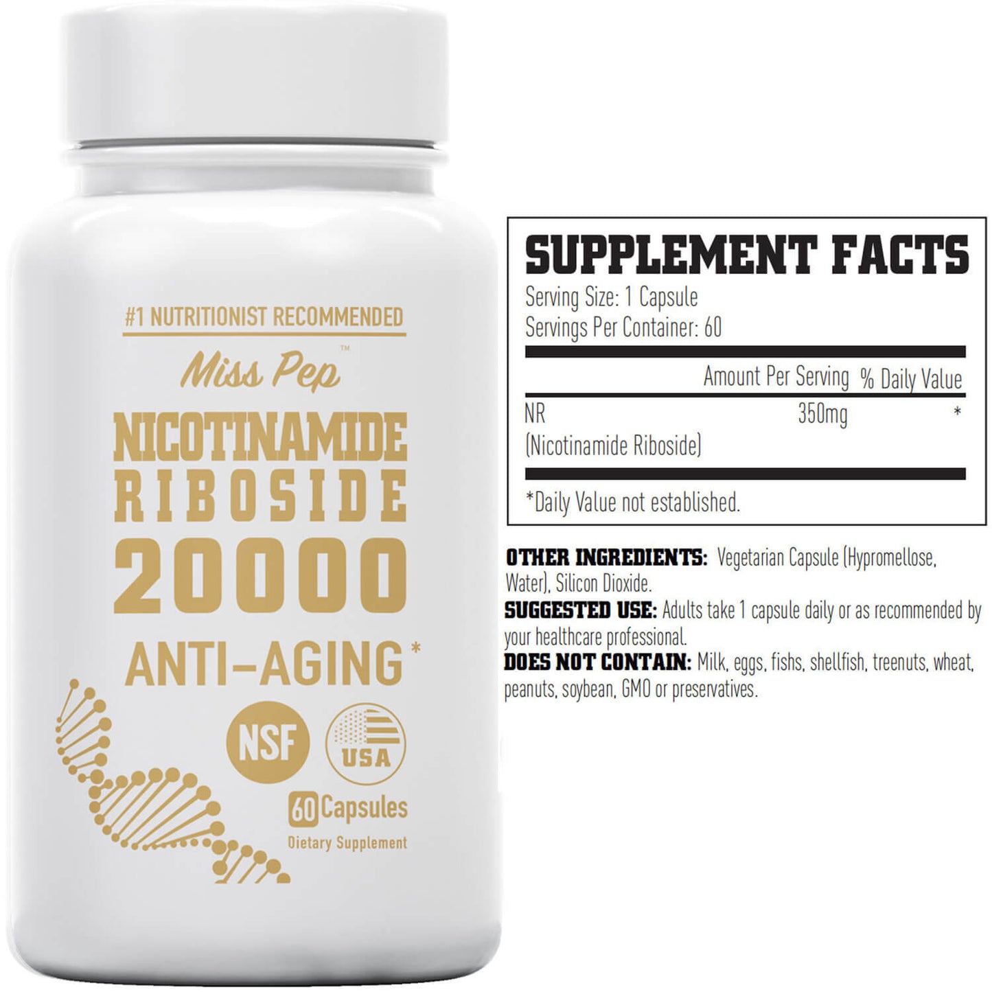 Misspep NR 20000 Supplement, High Purity Nicotinamide Riboside 350mg for Healthy Aging