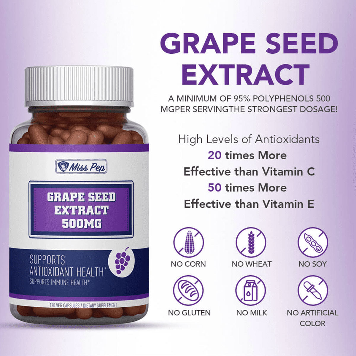 Miss Pep Grape Seed Extract Antioxidant Supplement 500mg