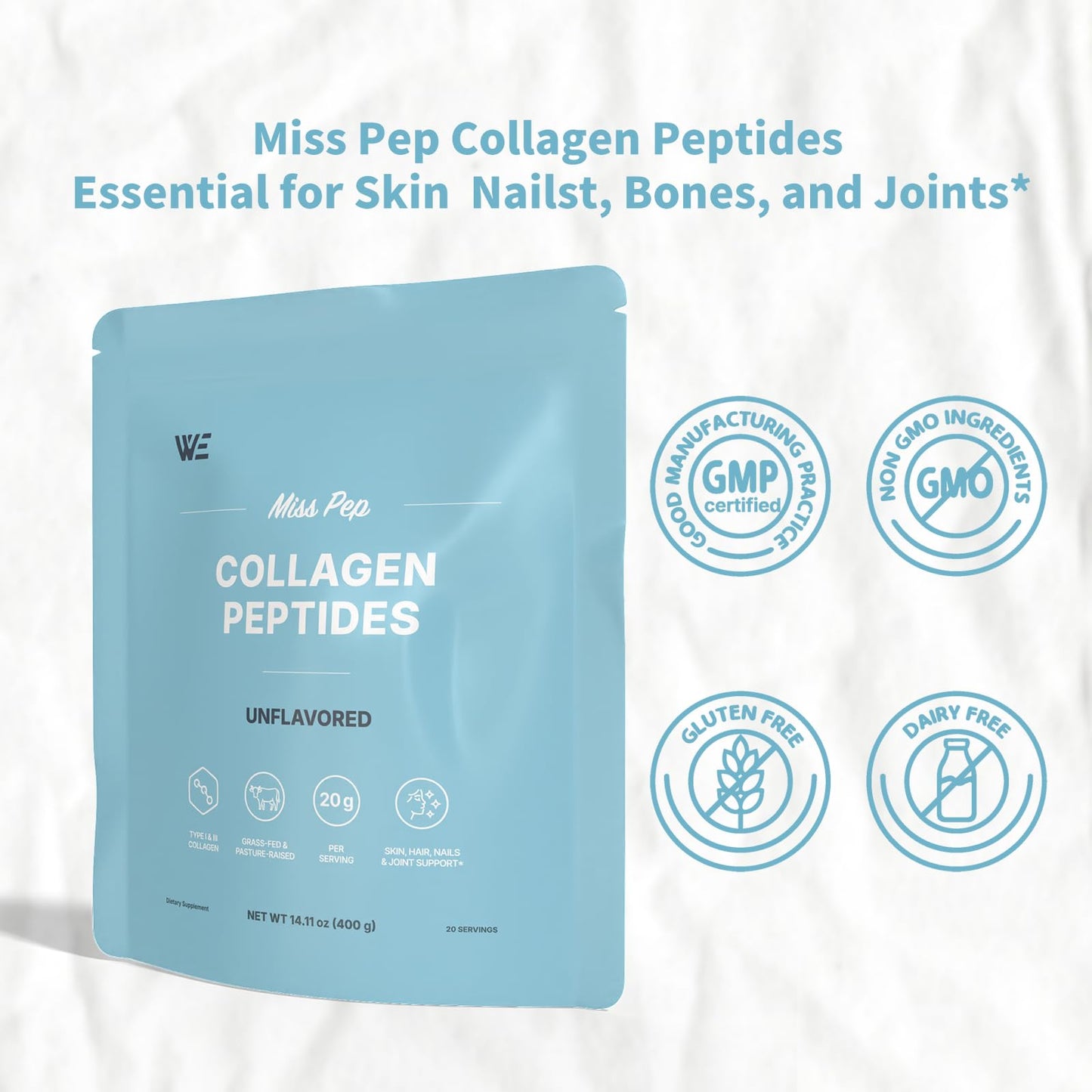 Collagen Peptides,Hydrolyzed Collagen Peptides I, III, Skin, Nails, Bone and Joint Health, Unscented, for Men and Women