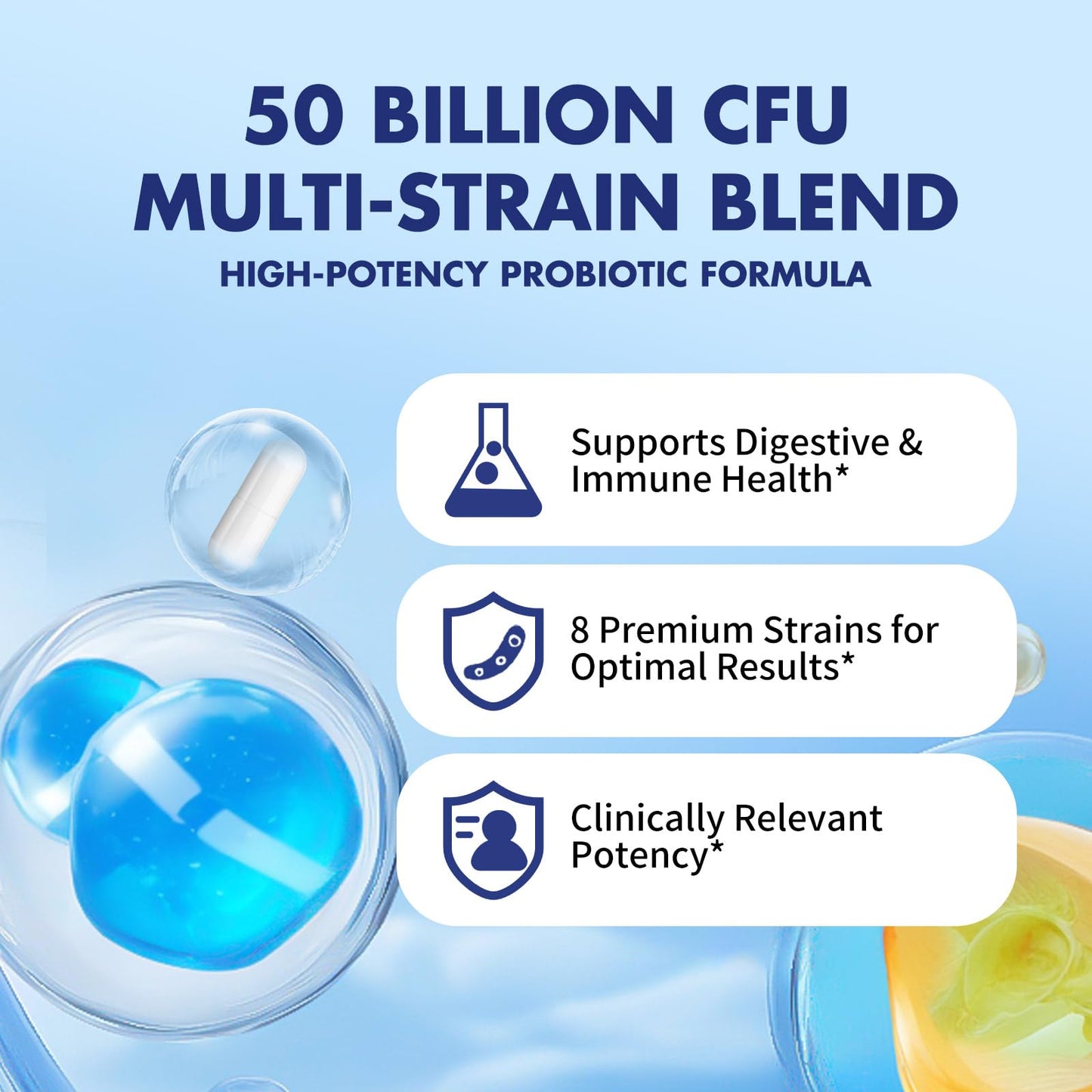 Probiotics 50 Billion CFU - 8 Unique Strains + 3 Prebiotics - Immune, Digestive & Gut Health