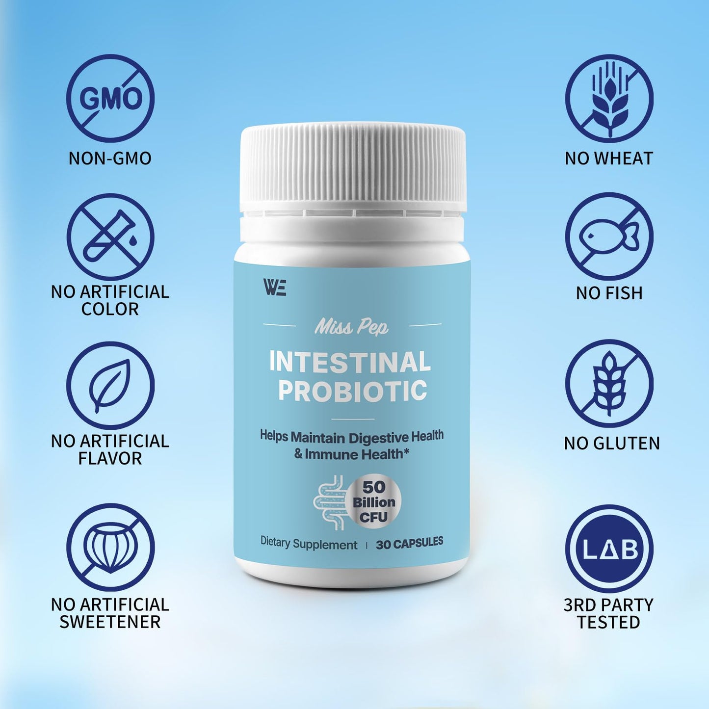 Probiotics 50 Billion CFU - 8 Unique Strains + 3 Prebiotics - Immune, Digestive & Gut Health